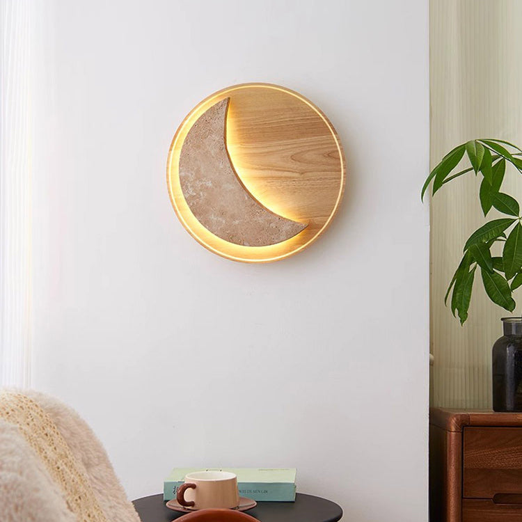 Moon Yellow Travertine Solid Wood LED Wall Sconce Lamp
