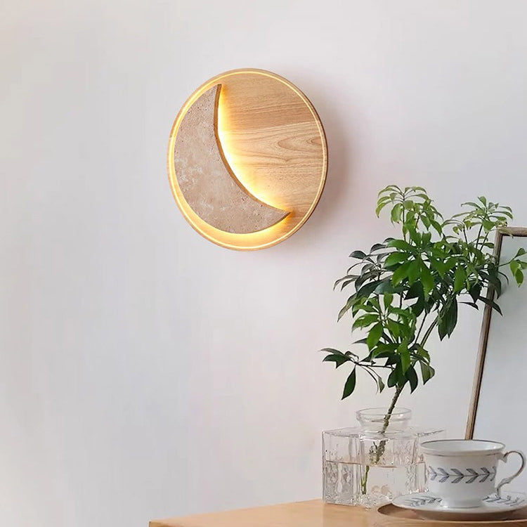 Moon Yellow Travertine Solid Wood LED Wall Sconce Lamp