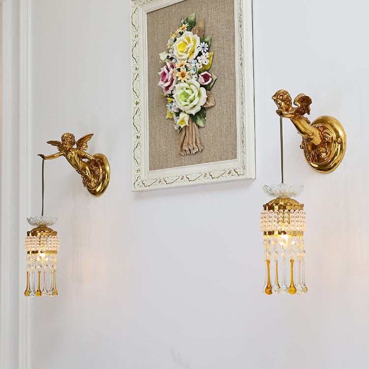 French Angel Flower Copper Glass 1-Light Wall Sconce Lamp