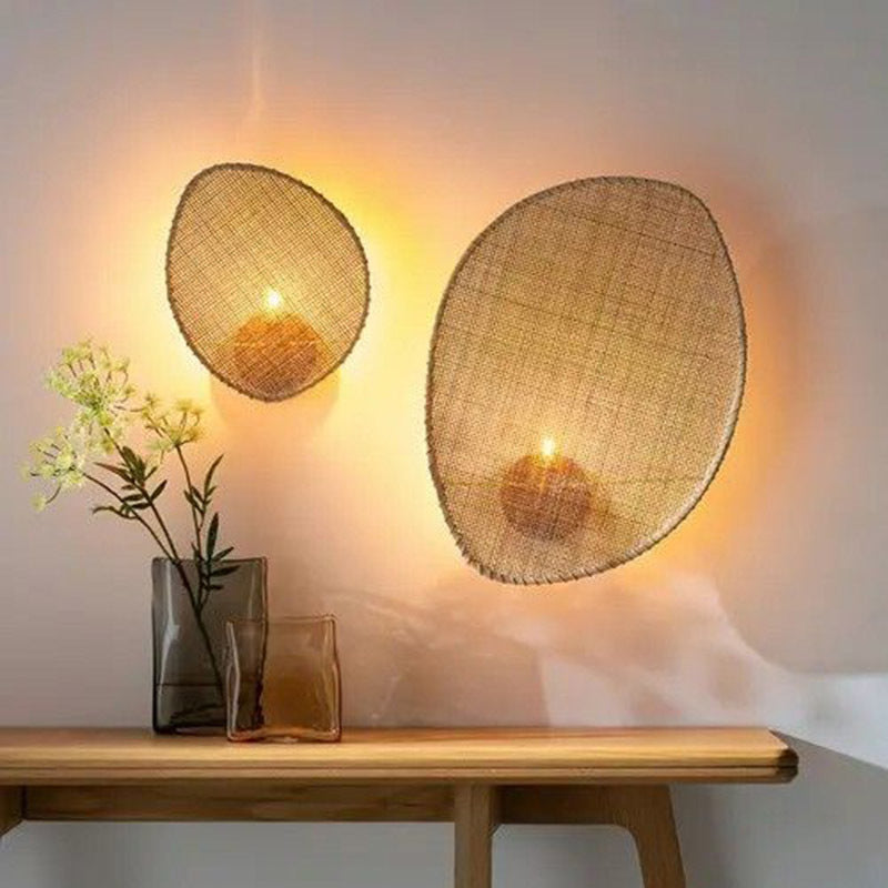 Japanese Oval Metal Rattan 1-Light Wall Sconce Lamp