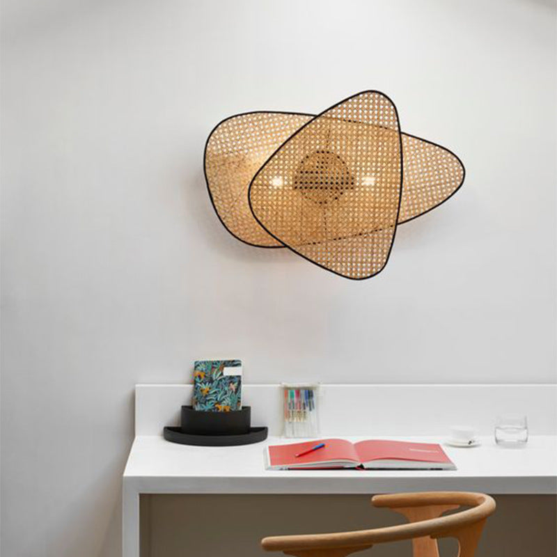 Japanese Oval Metal Rattan 1-Light Wall Sconce Lamp