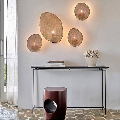Japanese Oval Metal Rattan 1-Light Wall Sconce Lamp
