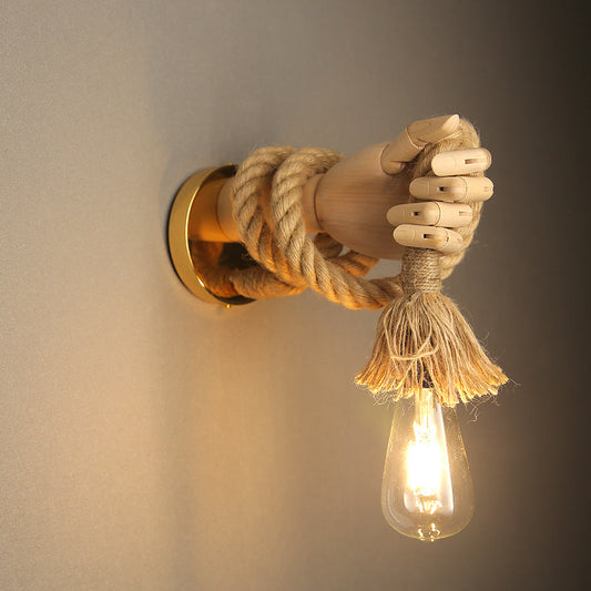 Mechanical Hemp Rope Solid Wood 1-Light Wall Sconce Lamp