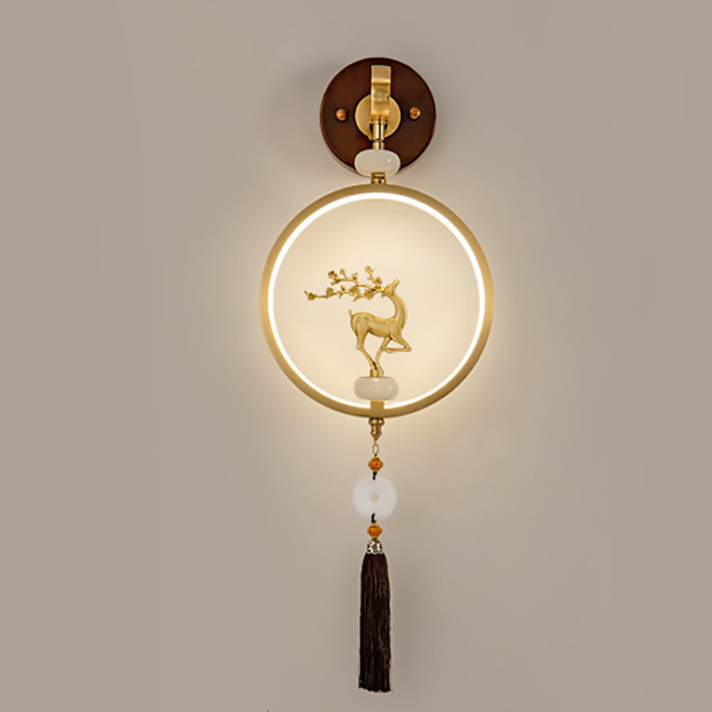 Traditional Chinese Round Ebony Copper LED Wall Sconce Lamp