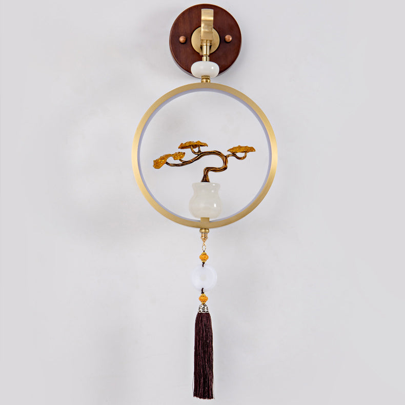 Traditional Chinese Round Ebony Copper LED Wall Sconce Lamp