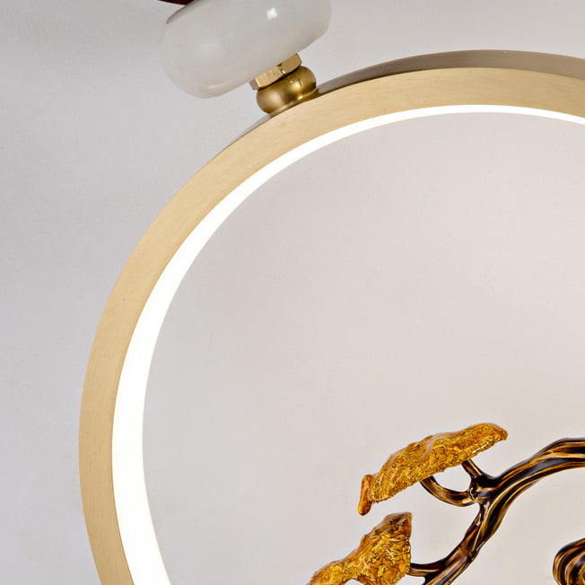 Traditional Chinese Round Ebony Copper LED Wall Sconce Lamp