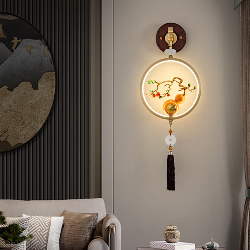 Traditional Chinese Round Ebony Copper LED Wall Sconce Lamp