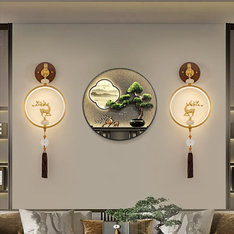 Traditional Chinese Round Ebony Copper LED Wall Sconce Lamp