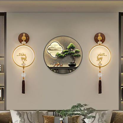 Traditional Chinese Round Ebony Copper LED Wall Sconce Lamp