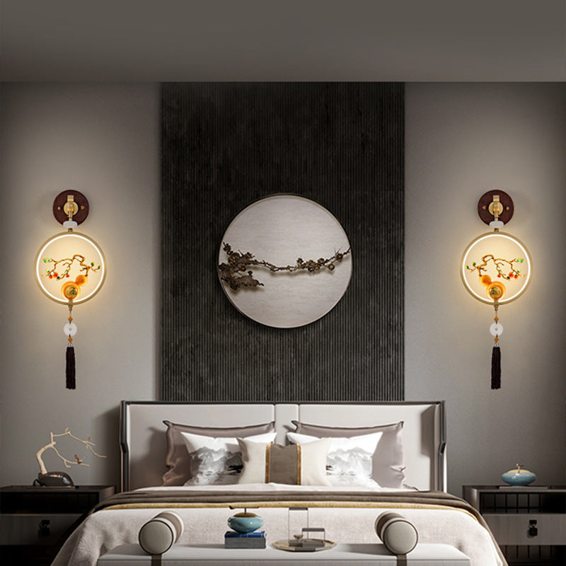 Traditional Chinese Round Ebony Copper LED Wall Sconce Lamp