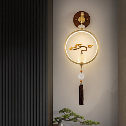 Traditional Chinese Round Ebony Copper LED Wall Sconce Lamp