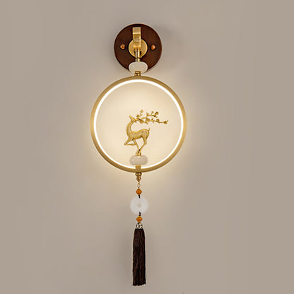 Traditional Chinese Round Ebony Copper LED Wall Sconce Lamp