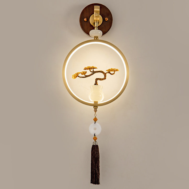 Traditional Chinese Round Ebony Copper LED Wall Sconce Lamp