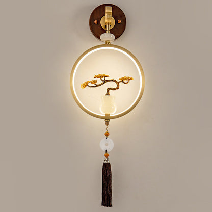 Traditional Chinese Round Ebony Copper LED Wall Sconce Lamp