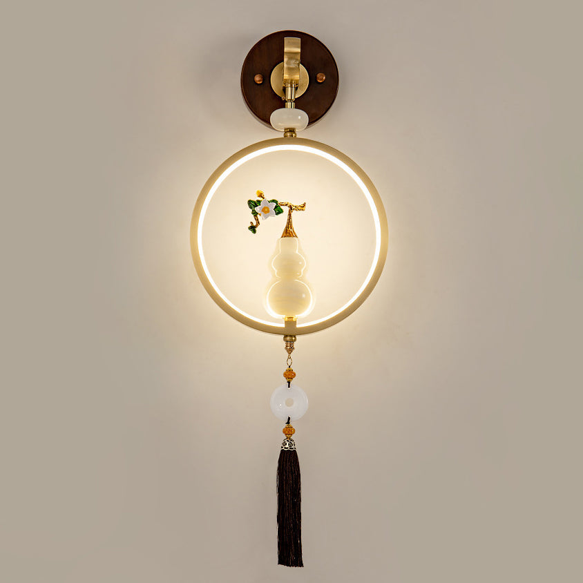 Traditional Chinese Round Ebony Copper LED Wall Sconce Lamp