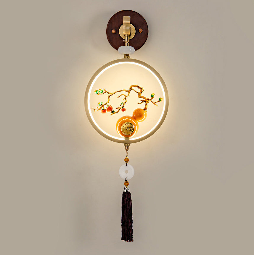Traditional Chinese Round Ebony Copper LED Wall Sconce Lamp
