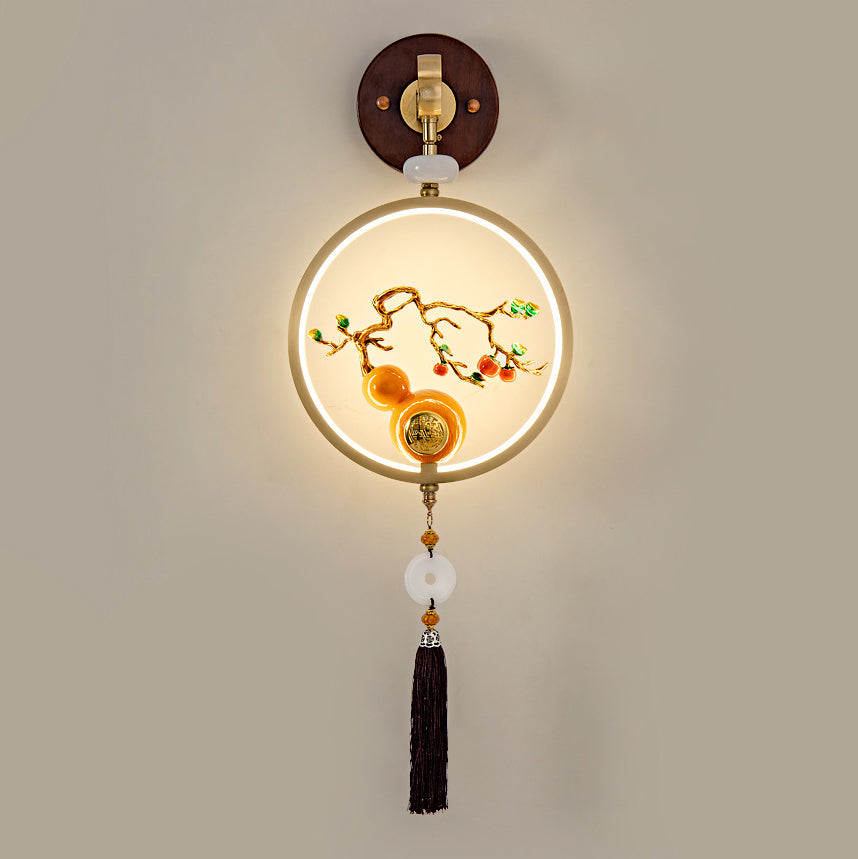 Traditional Chinese Round Ebony Copper LED Wall Sconce Lamp