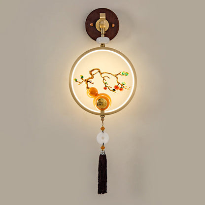 Traditional Chinese Round Ebony Copper LED Wall Sconce Lamp