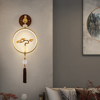 Traditional Chinese Round Ebony Copper LED Wall Sconce Lamp