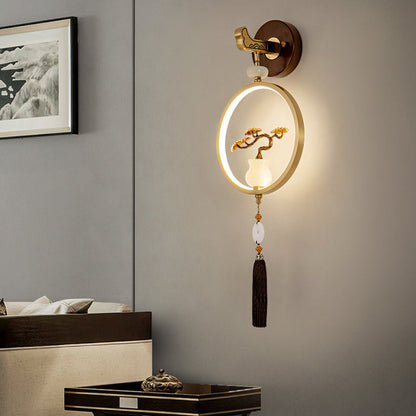 Traditional Chinese Round Ebony Copper LED Wall Sconce Lamp