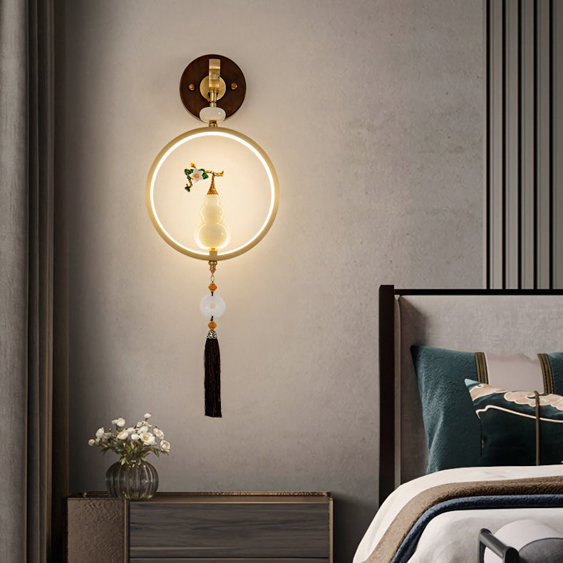 Traditional Chinese Round Ebony Copper LED Wall Sconce Lamp