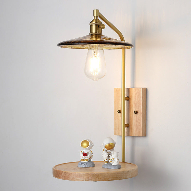 Flying Rubberwood Iron Glass 1-Light Wall Sconce Lamp