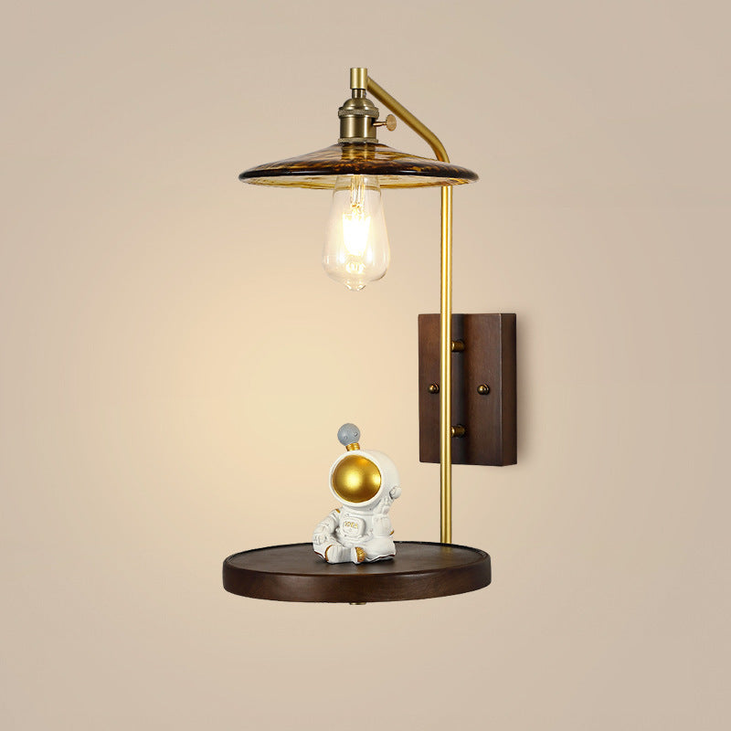 Flying Rubberwood Iron Glass 1-Light Wall Sconce Lamp