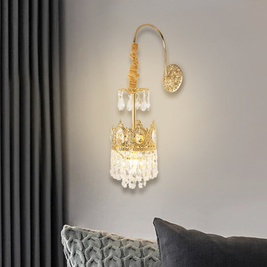 French Crown Brass Crystal 1-Light Wall Sconce Lamp