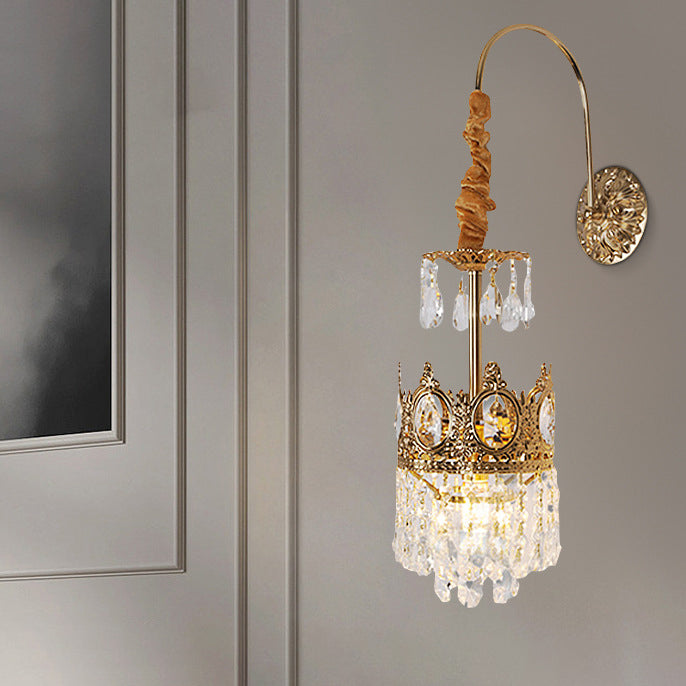 French Crown Brass Crystal 1-Light Wall Sconce Lamp