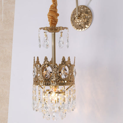 French Crown Brass Crystal 1-Light Wall Sconce Lamp