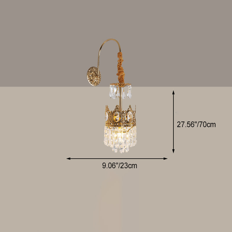 French Crown Brass Crystal 1-Light Wall Sconce Lamp
