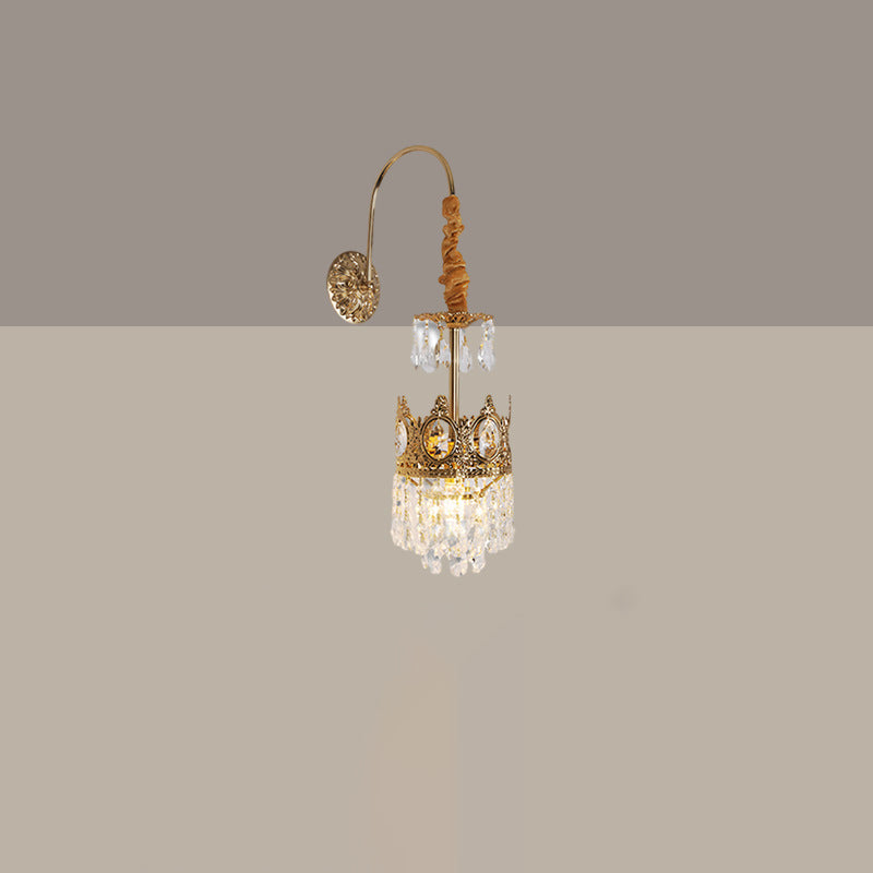 French Crown Brass Crystal 1-Light Wall Sconce Lamp