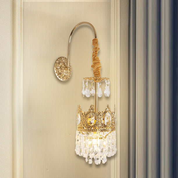French Crown Brass Crystal 1-Light Wall Sconce Lamp
