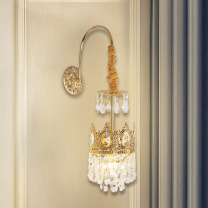 French Crown Brass Crystal 1-Light Wall Sconce Lamp