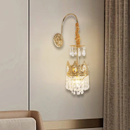 French Crown Brass Crystal 1-Light Wall Sconce Lamp