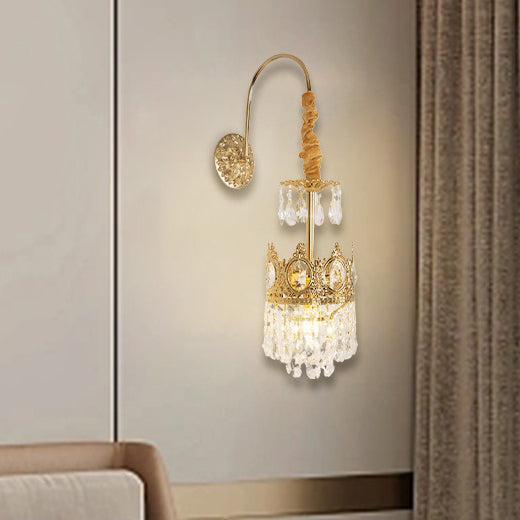 French Crown Brass Crystal 1-Light Wall Sconce Lamp