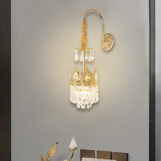 French Crown Brass Crystal 1-Light Wall Sconce Lamp