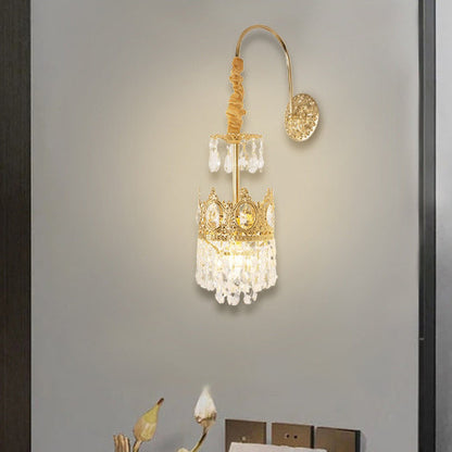 French Crown Brass Crystal 1-Light Wall Sconce Lamp