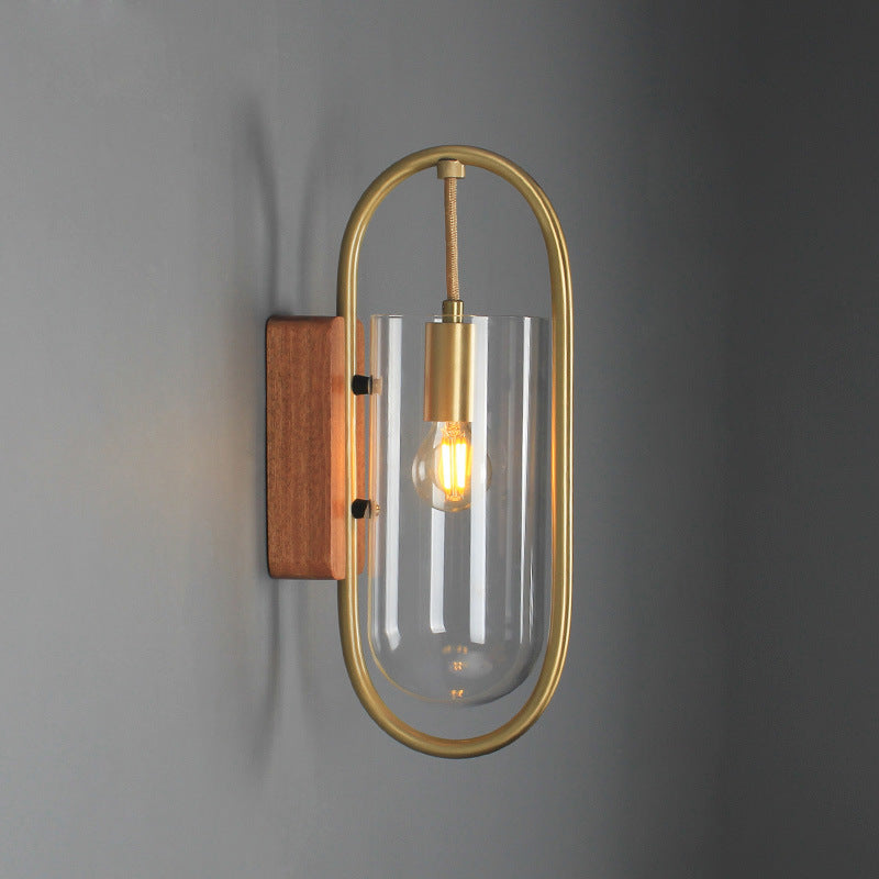 Simplicity Oval Glass Metal Wood 1-Light Wall Sconce Lamp