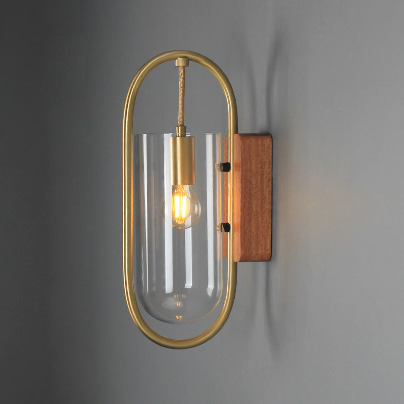 Simplicity Oval Glass Metal Wood 1-Light Wall Sconce Lamp