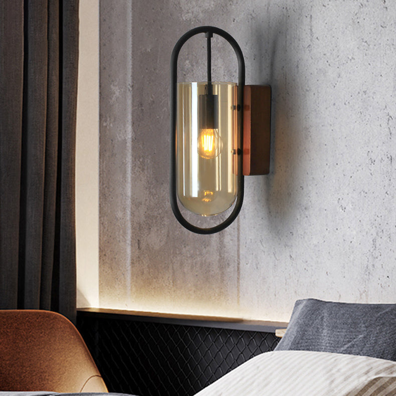 Simplicity Oval Glass Metal Wood 1-Light Wall Sconce Lamp