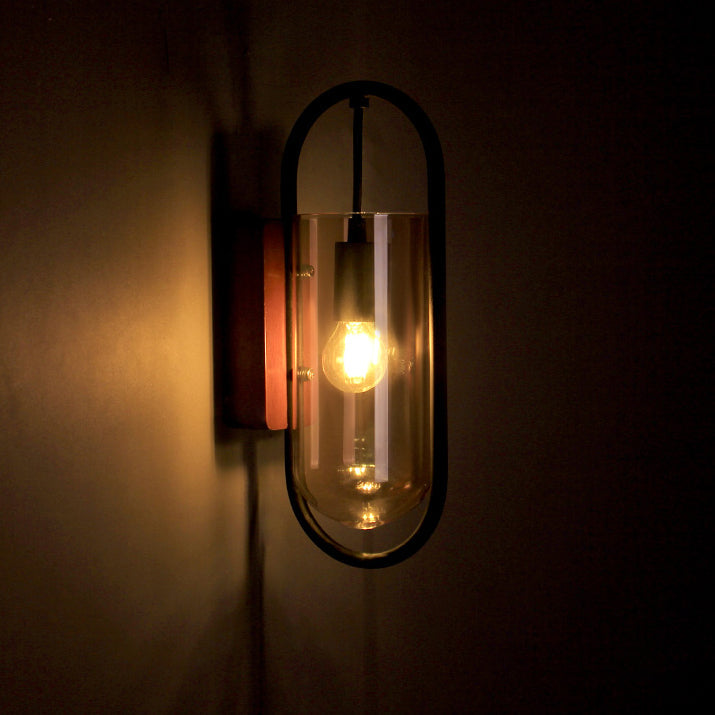 Simplicity Oval Glass Metal Wood 1-Light Wall Sconce Lamp