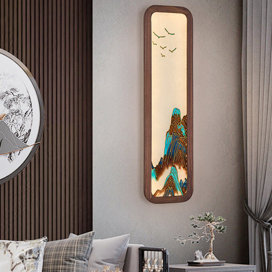 Chinese Rectangular Black Walnut Glass LED Wall Sconce Lamp