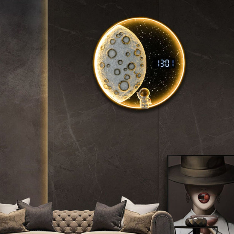 Wall LED Moon-Inspired Round Lamp in Resin, Aluminum & Wood