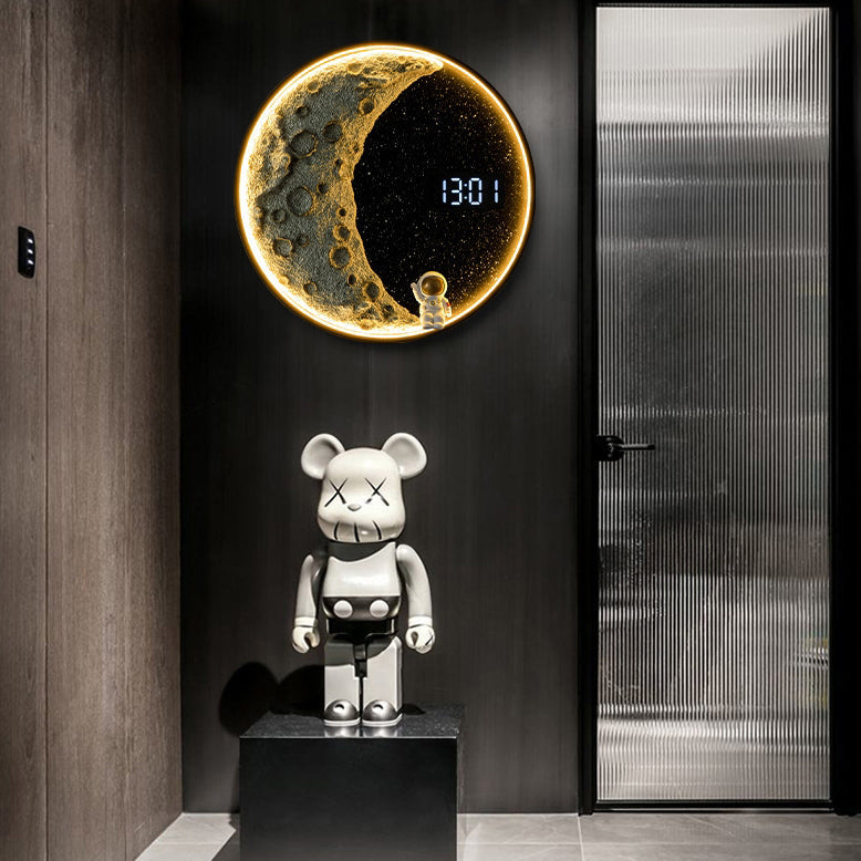 Wall LED Moon-Inspired Round Lamp in Resin, Aluminum & Wood