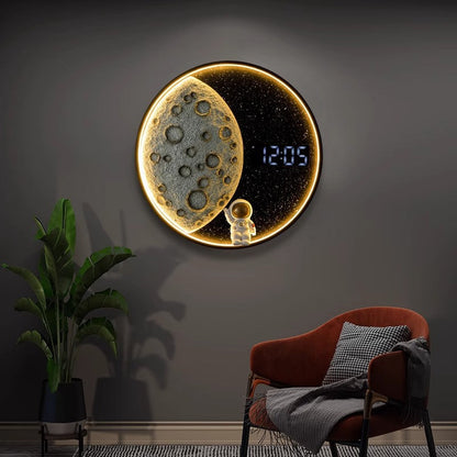 Wall LED Moon-Inspired Round Lamp in Resin, Aluminum & Wood
