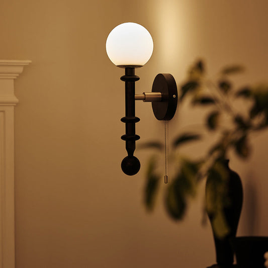 French Wood Glass Sphere 1-Light Wall Sconce Lamp
