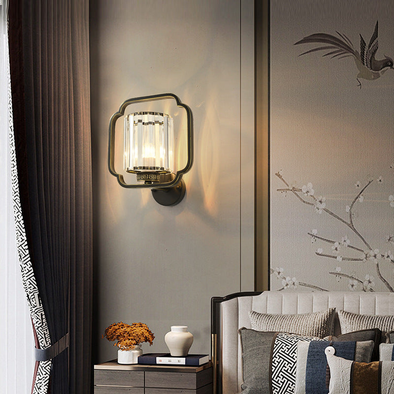 Chinese Cylinder Iron Crystal 2-Light Wall Sconce Lamp