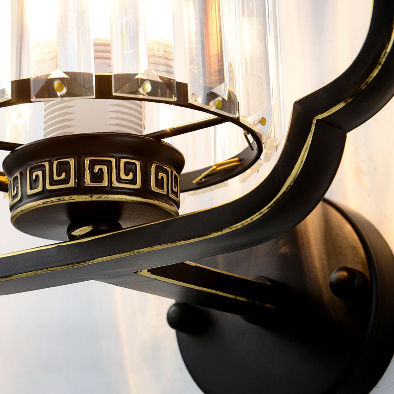 Chinese Cylinder Iron Crystal 2-Light Wall Sconce Lamp