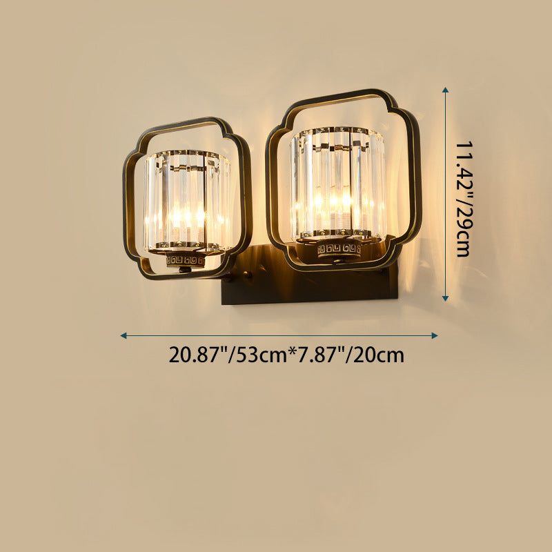 Chinese Cylinder Iron Crystal 2-Light Wall Sconce Lamp